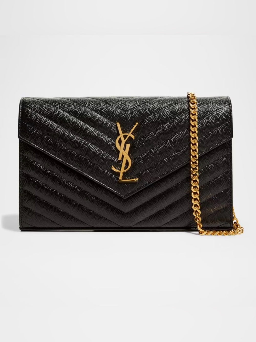 Saint Laurent Black Quilted Envelope Clutch with Gold Chain